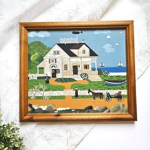 Signed 1986 New England Folk Art Painting on Wood Panel Framed Coastal Americana
